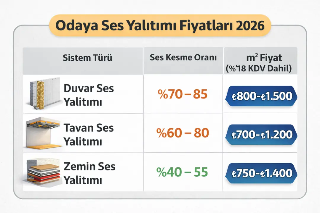 2026 odaya ses yalıtımı fiyatları ve m² bazında sistem karşılaştırma tablosu