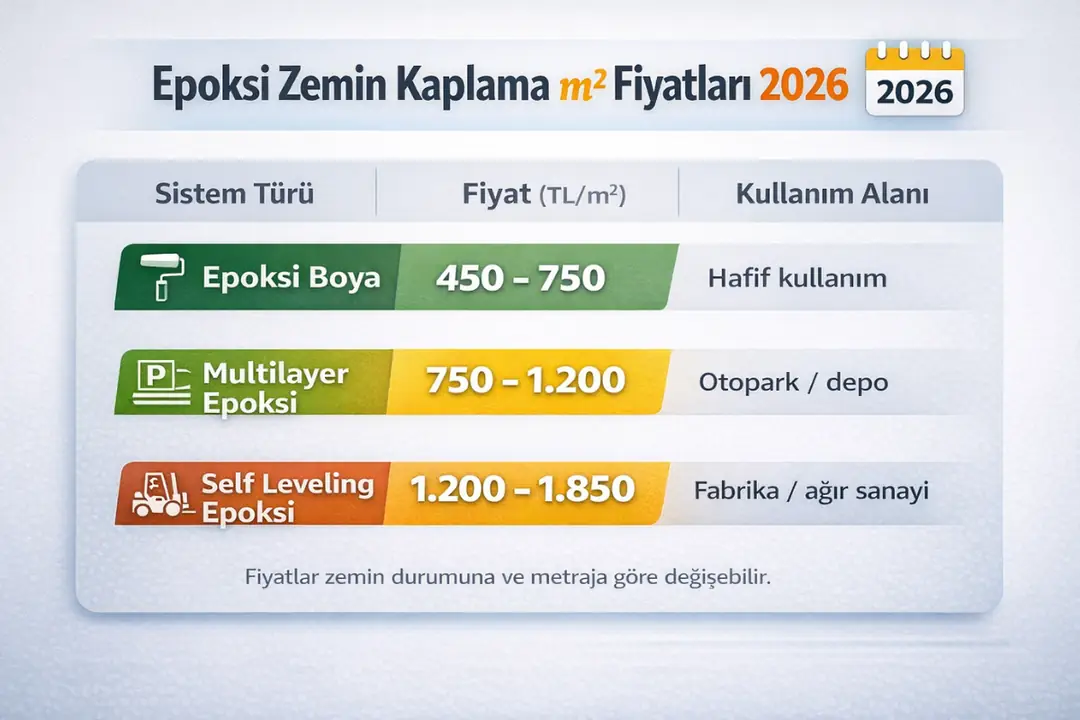 Epoksi zemin kaplama m2 fiyat tablosu 2026 epoksi boya multilayer ve self leveling sistem fiyat karşılaştırması