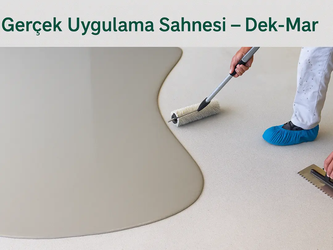 Epoksi zemin uygulama sahnesi – self-leveling epoksi dökümü – rulo ve mala ile profesyonel uygulama – Dek-Mar