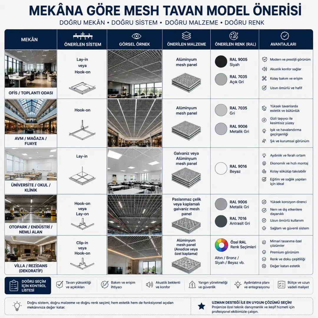 Ofis, AVM, klinik ve otopark için mesh tavan seçim tablosu&nbsp;