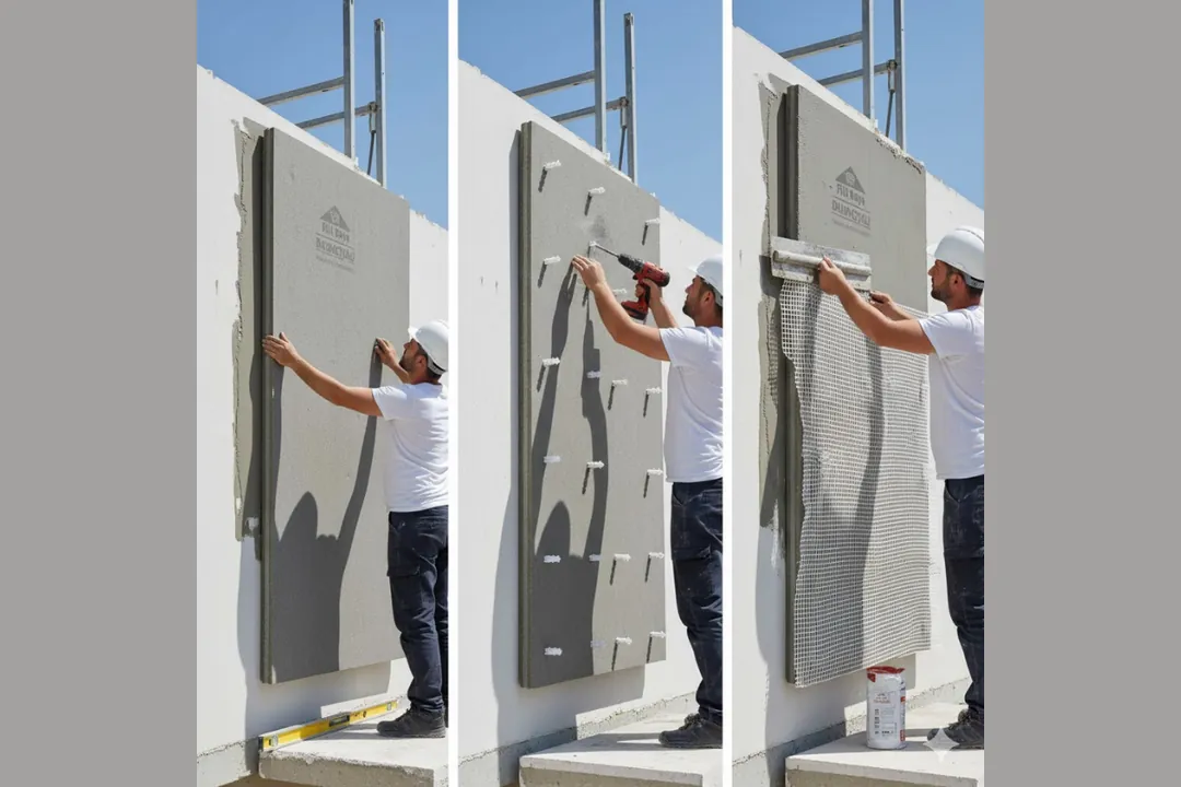 Dalmaçyalı yalıtım levhasının yapıştırma, dübelleme ve sıva aşamalarını gösteren profesyonel mantolama uygulama süreci. Yüksek performanslı dış cephe yalıtımı. 