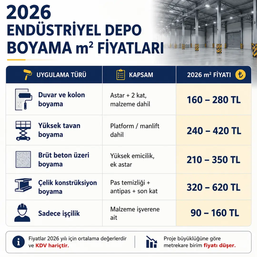 2026 endüstriyel depo boyama m² fiyatları; duvar, yüksek tavan, brüt beton, çelik konstrüksiyon ve işçilik fiyatları.