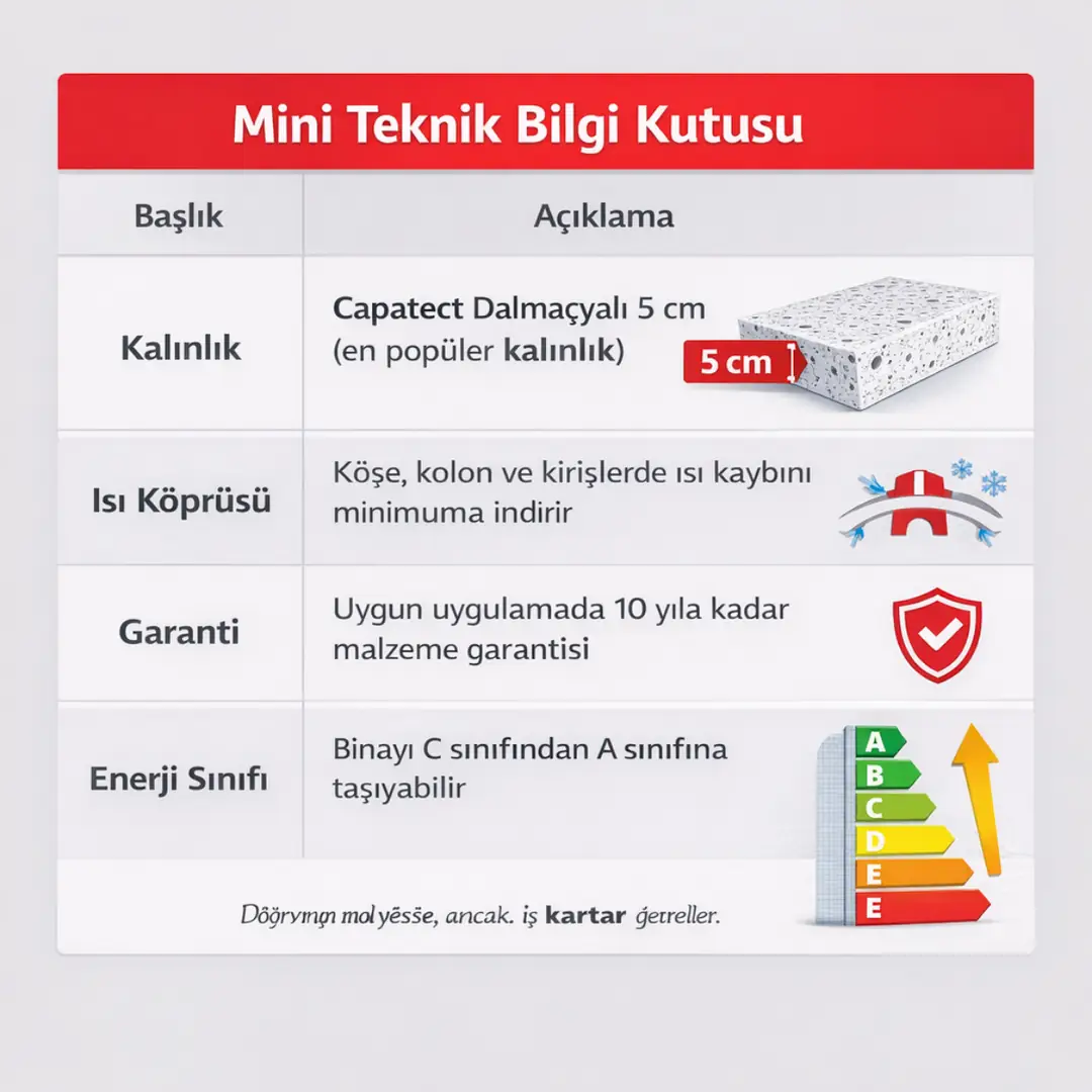 Capatect Dalmaçyalı 5 cm mantolama mini teknik bilgi kutusu, kalınlık, ısı köprüsü azaltma, garanti ve enerji sınıfı