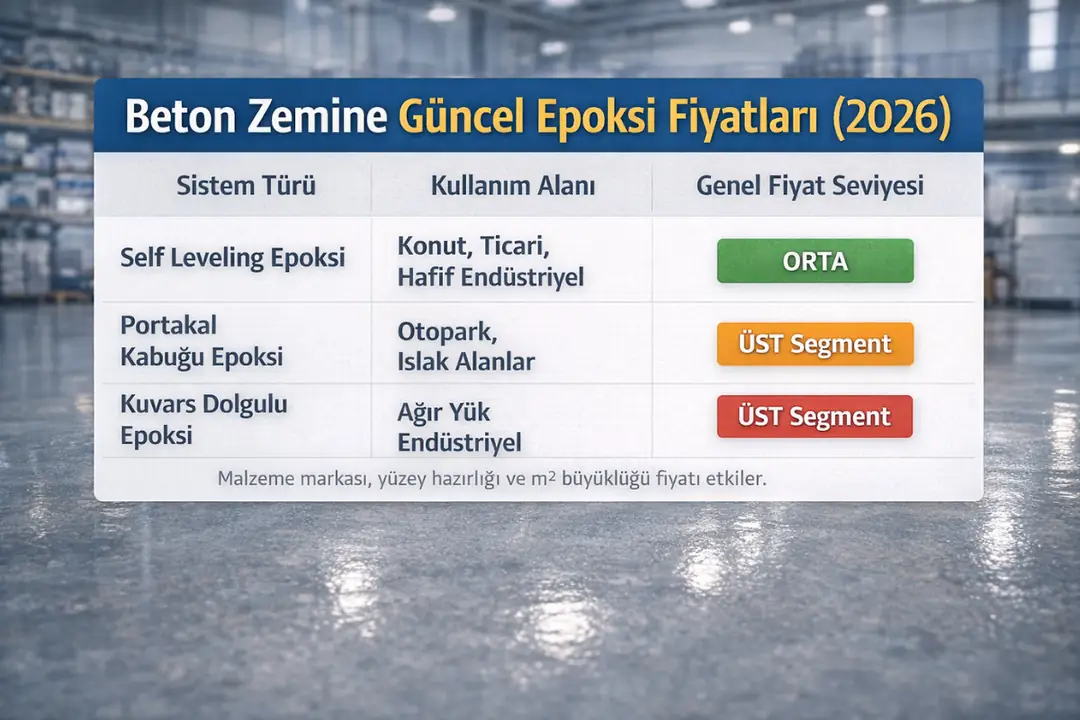 Beton zemine epoksi uygulamasında fiyatları etkileyen faktörlerin tablo halinde gösterimi&nbsp;