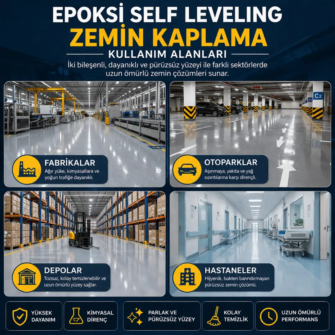 Epoksi self leveling zemin kaplama kullanım alanları fabrika otopark depo ve hastane&nbsp;