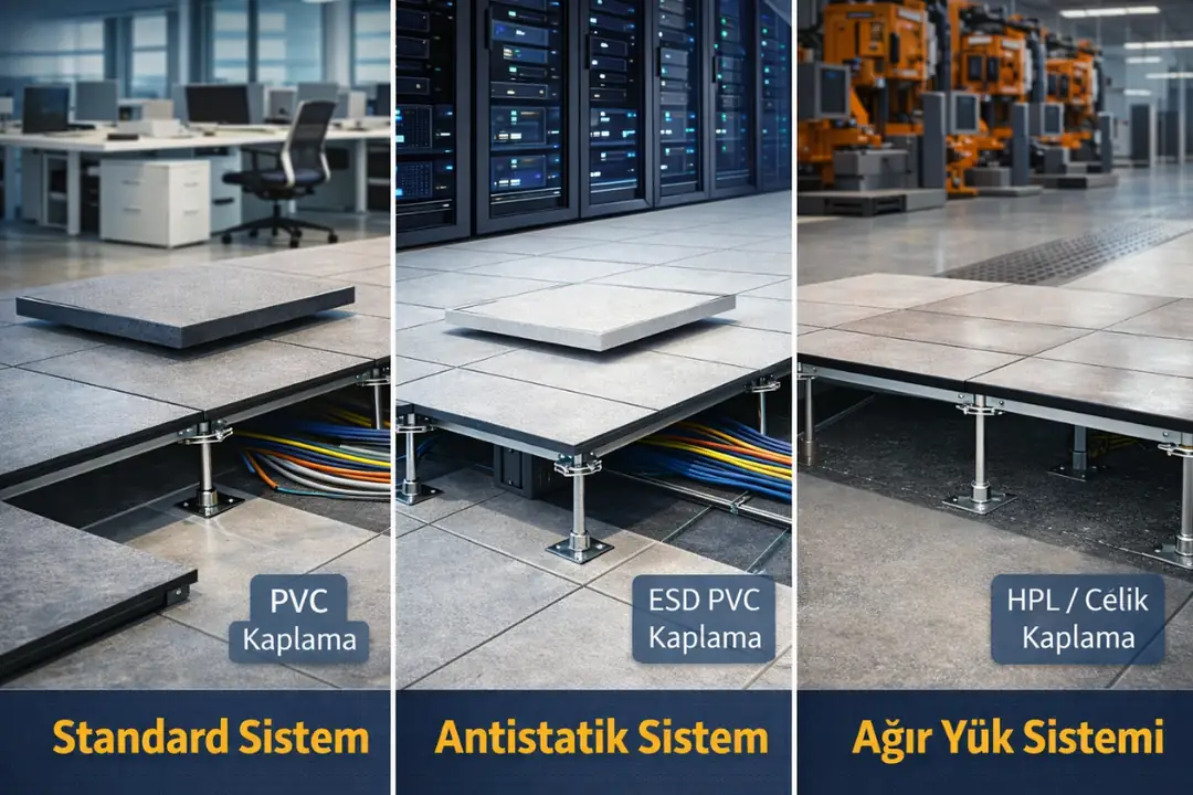 Standart, antistatik ve ağır yük yükseltilmiş döşeme poz türleri&nbsp;