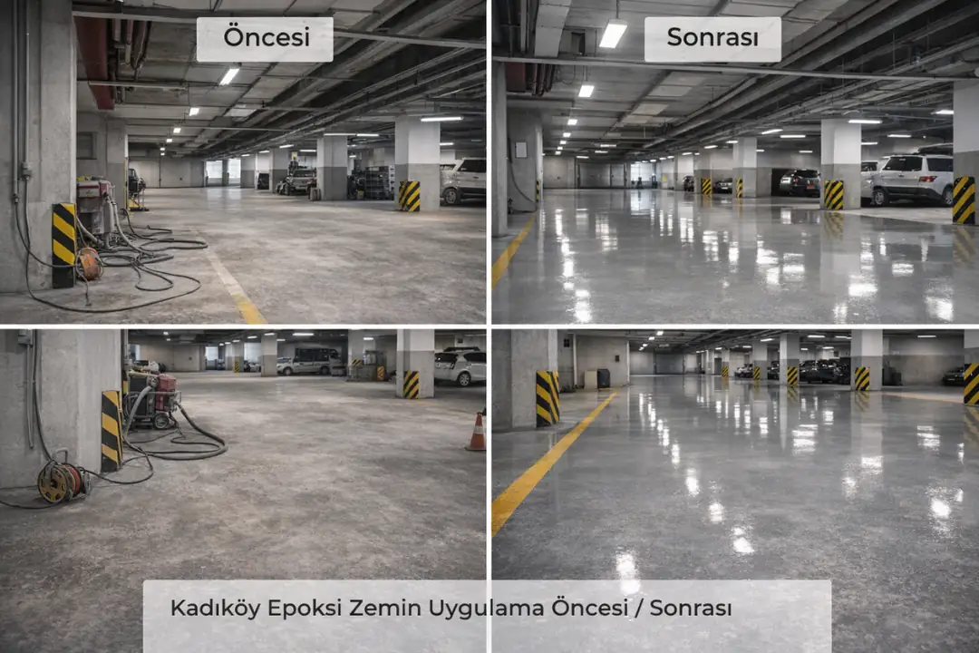Kadıköy epoksi zemin uygulama öncesi sonrası karşılaştırma
