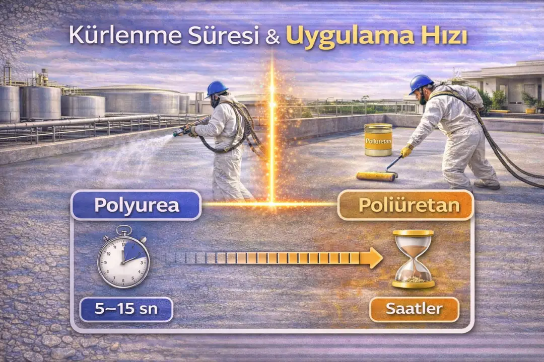 Polyurea ve poliüretan kürlenme süresi farkı, hızlı ve yavaş sistem karşılaştırması.&nbsp;