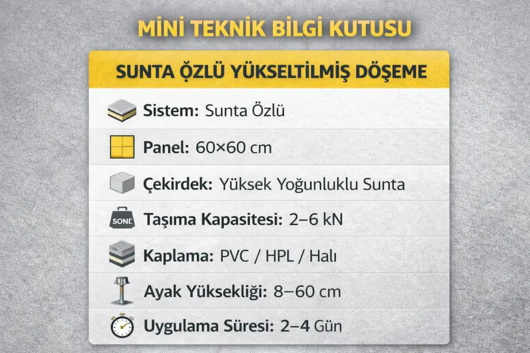 Sunta özlü yükseltilmiş döşeme mini teknik bilgi kutusu 2026
