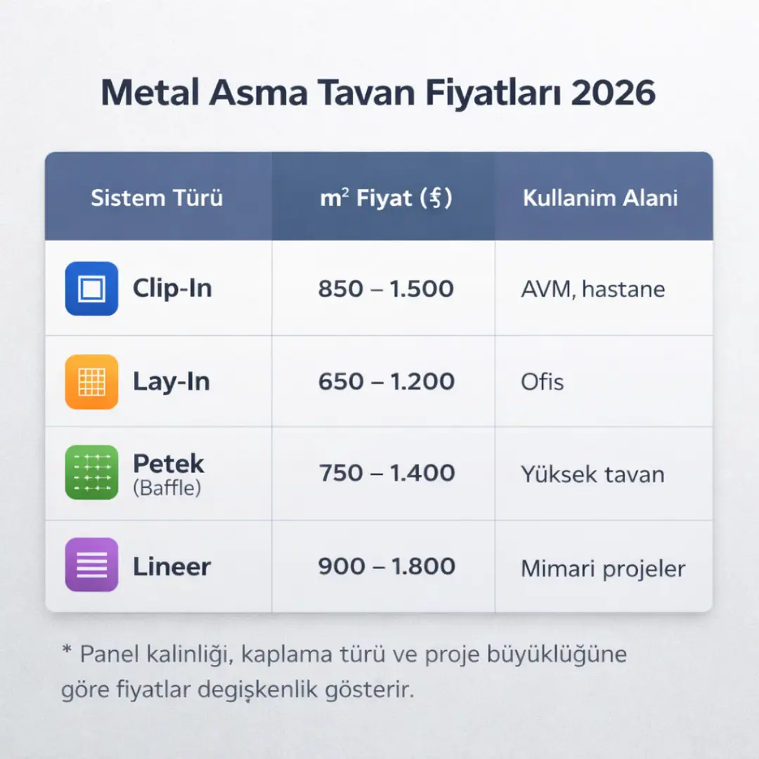 Metal asma tavan fiyatları 2026 clip-in lay-in petek tavan m2 fiyat tablosu&nbsp;