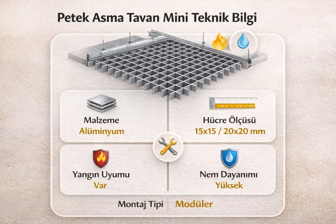 Petek asma tavan teknik özellikleri – alüminyum yapı, hücre ölçüsü ve modüler sistem&nbsp;