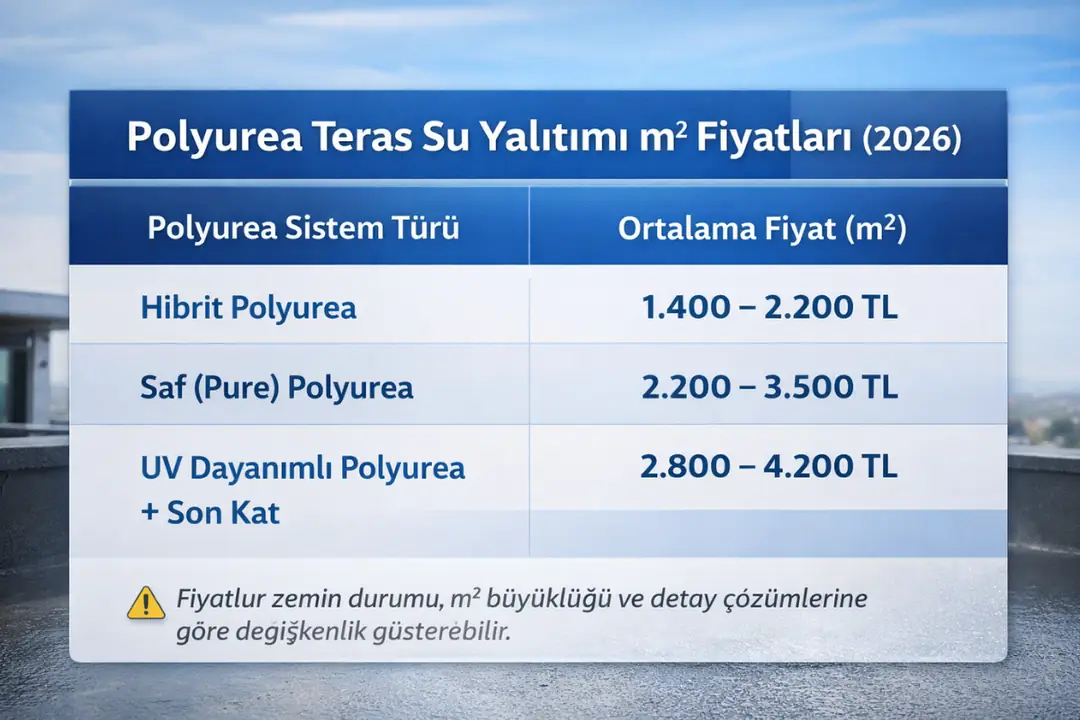 Polyurea teras su yalıtımı m2 fiyatları ve sistem türlerine göre maliyet karşılaştırması&nbsp;
