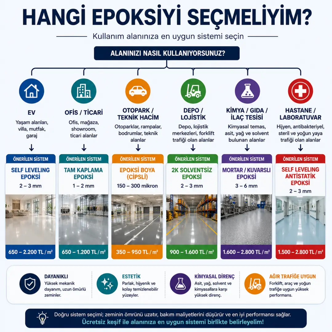 Kullanım alanına göre epoksi seçim rehberi; ev, ofis, otopark, depo, hastane ve fabrika için uygun sistemler&nbsp;