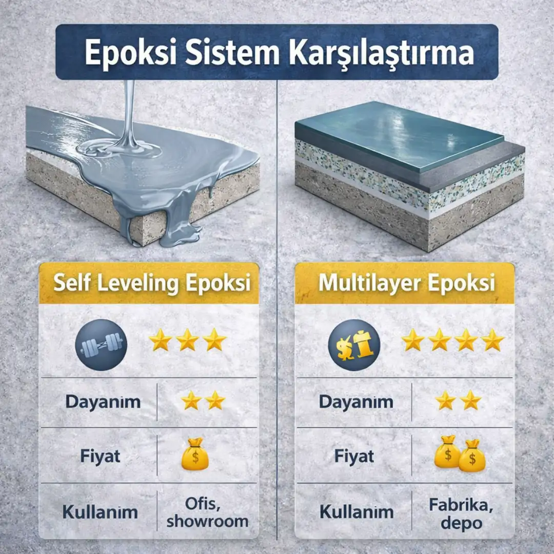 Self leveling ve multilayer epoksi zemin sistemleri karşılaştırma tablosu&nbsp;