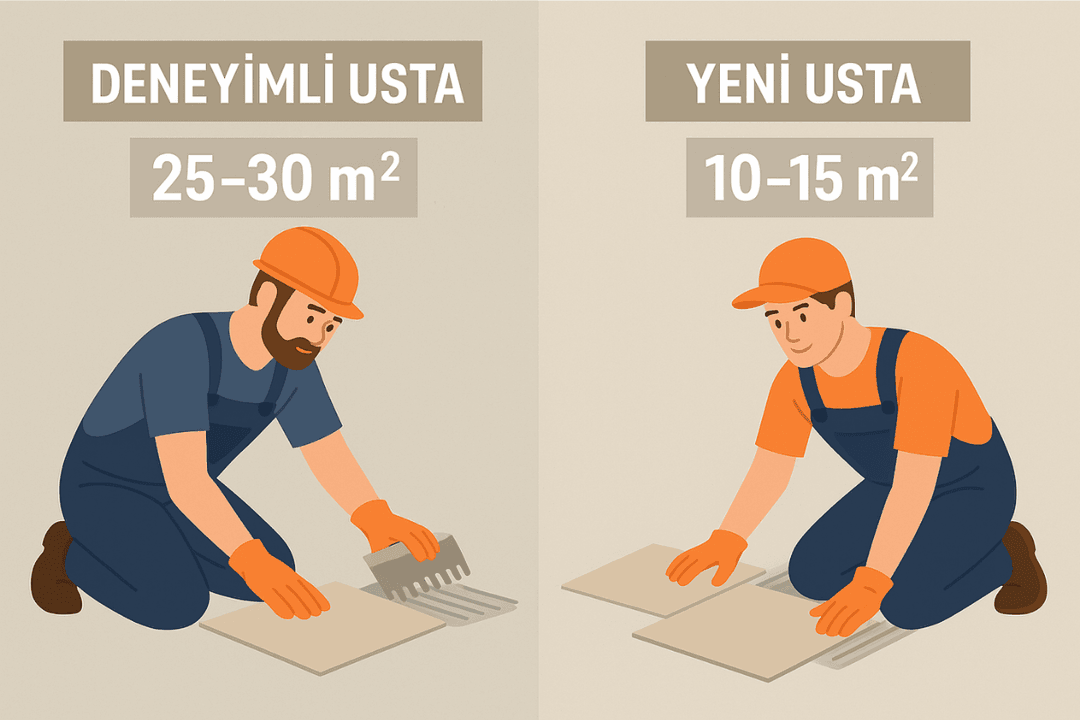 Deneyimli usta ve yeni başlayan usta arasında günlük fayans döşeme m² farkı.
