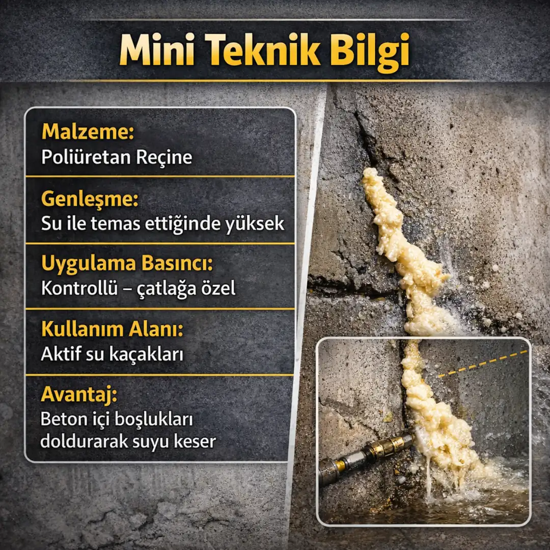 Poliüretan enjeksiyon mini teknik bilgi kutusu – aktif su kaçaklarında kullanılan reçine, genleşme ve uygulama basıncı bilgileri&nbsp;