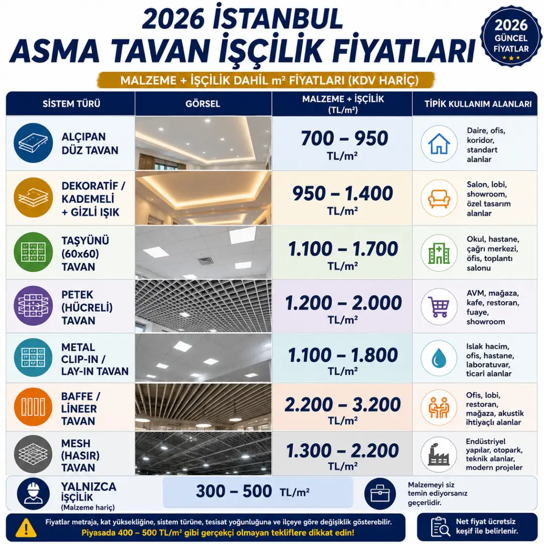 2026 İstanbul asma tavan işçilik ve uygulama fiyatları tablosu
