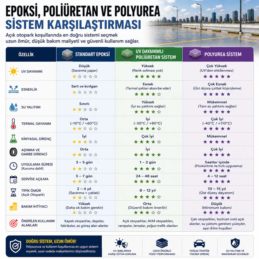 Standart epoksi UV dayanımlı poliüretan ve polyurea açık otopark sistem karşılaştırması&nbsp;