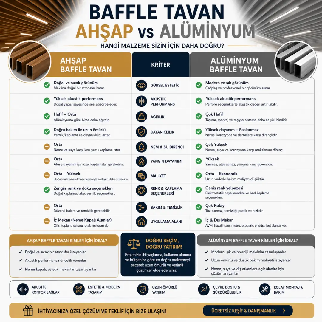 Ahşap ve alüminyum baffle tavan sistemlerinin teknik karşılaştırması