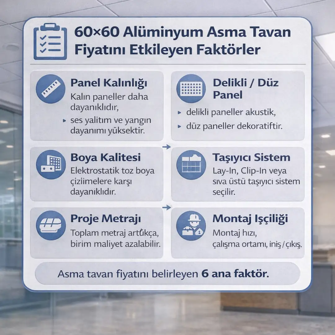 60*60 alüminyum asma tavan fiyatını etkileyen faktörler panel kalınlığı taşıyıcı sistem metraj ve montaj işçiligi