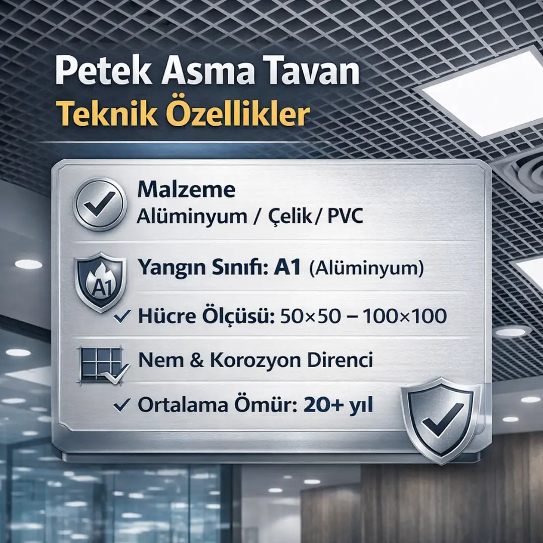 Petek asma tavan teknik özellikleri – yangına dayanım, hücre ölçüsü ve malzeme bilgileri&nbsp;