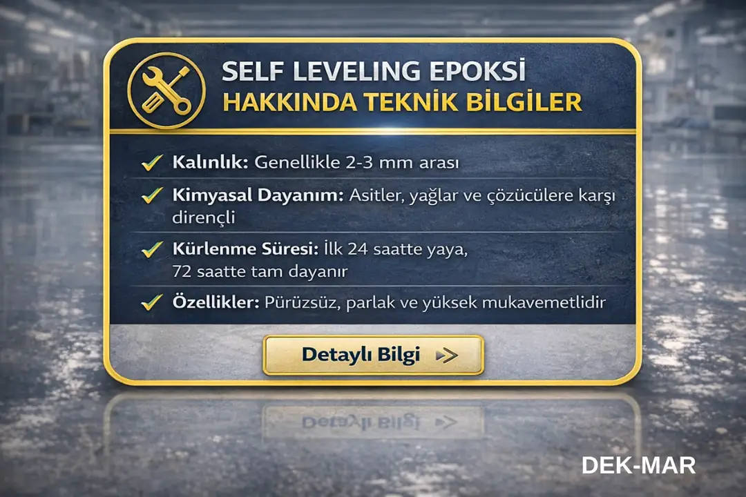 Self leveling epoksi zemin kaplamasının kalınlık, kimyasal dayanım, kürlenme süresi ve teknik özelliklerini gösteren bilgi kutusu.&nbsp;