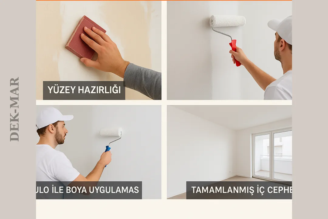 Badana boya uygulama aşamaları: yüzey hazırlığı, astar, rulo boya ve tamamlanmış iç cephe.
