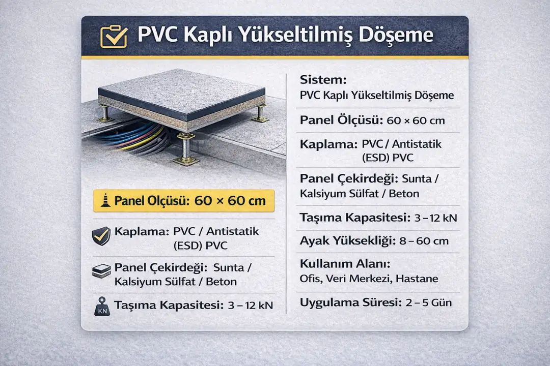 PVC kaplı yükseltilmiş döşeme mini teknik bilgi kutusu 2026