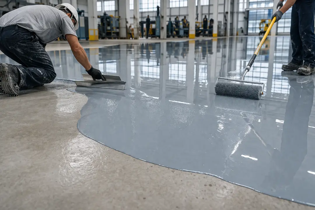 self leveling epoksi zemin uygulama süreci mala ve kirpi rulo ile profesyonel saha uygulaması&nbsp;