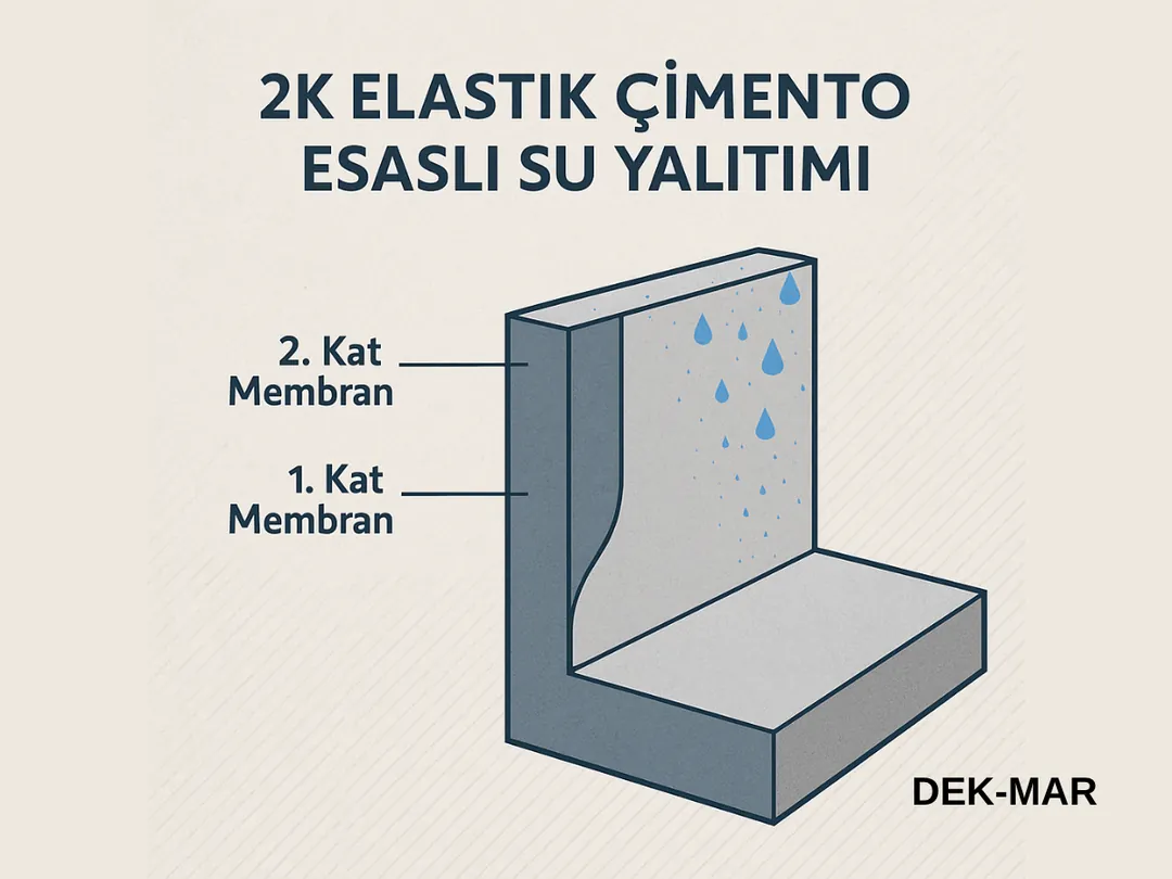 Bodrum ve perde beton içten su yalıtımında kullanılan 2K elastik çimento esaslı membran kesiti.