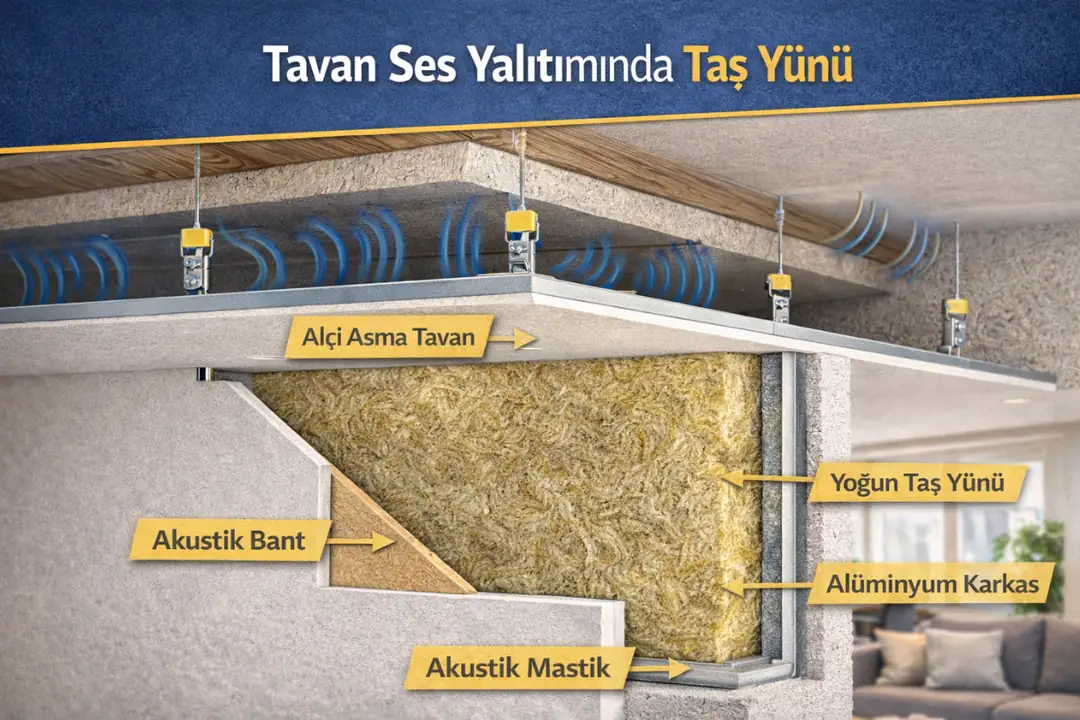 Taş yünü tavan ses yalıtımı uygulaması, asma tavan akustik çözüm sistemi
