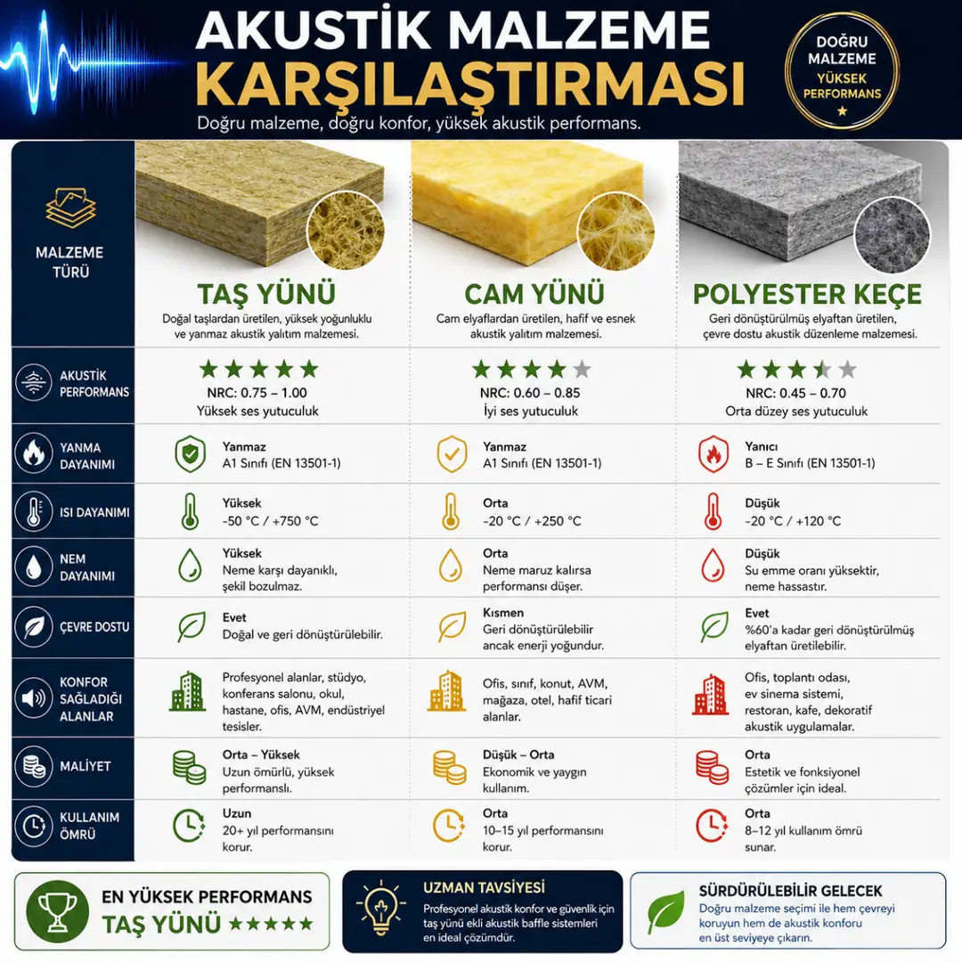 Taş yünü cam yünü ve polyester keçe akustik performans karşılaştırması&nbsp;