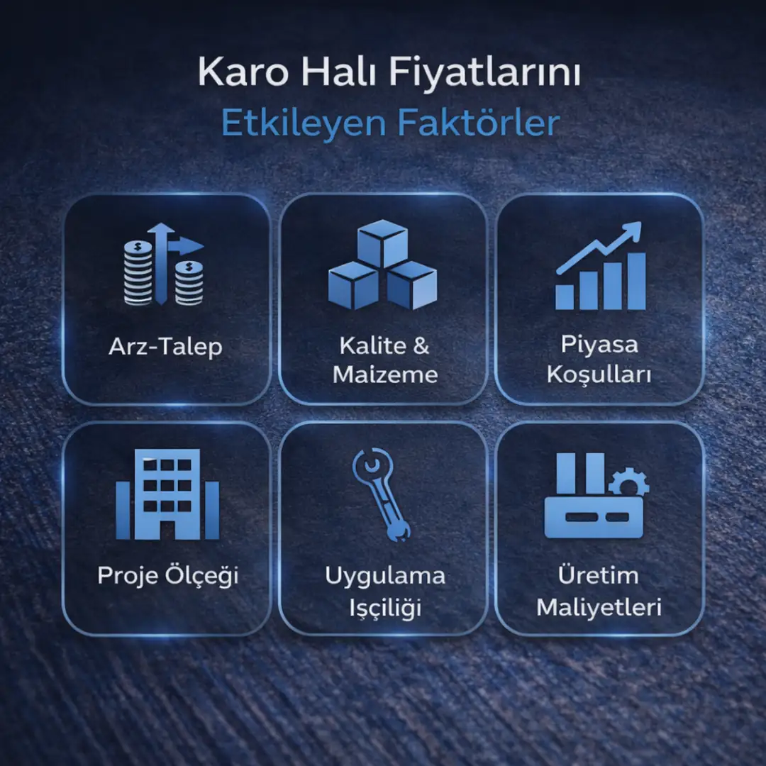 Karo halı fiyatlarını etkileyen faktörler arasında iplik kalitesi taban türü uygulama alanı ve proje büyüklüğü yer alır&nbsp;