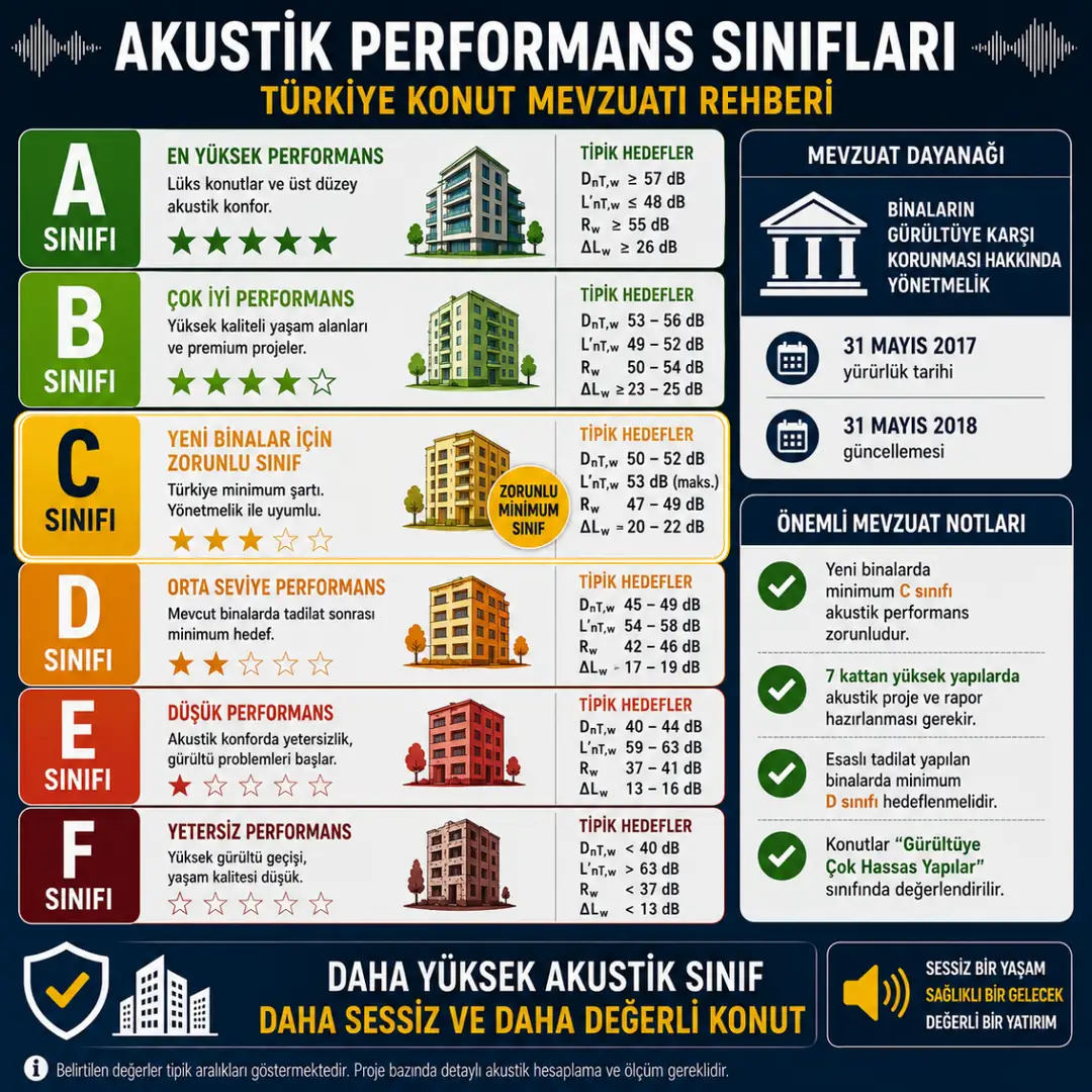 Türkiye bina akustiği yönetmeliğine göre A, B, C, D, E ve F akustik performans sınıflarını gösteren konut ses yalıtımı infografiği.&nbsp;
