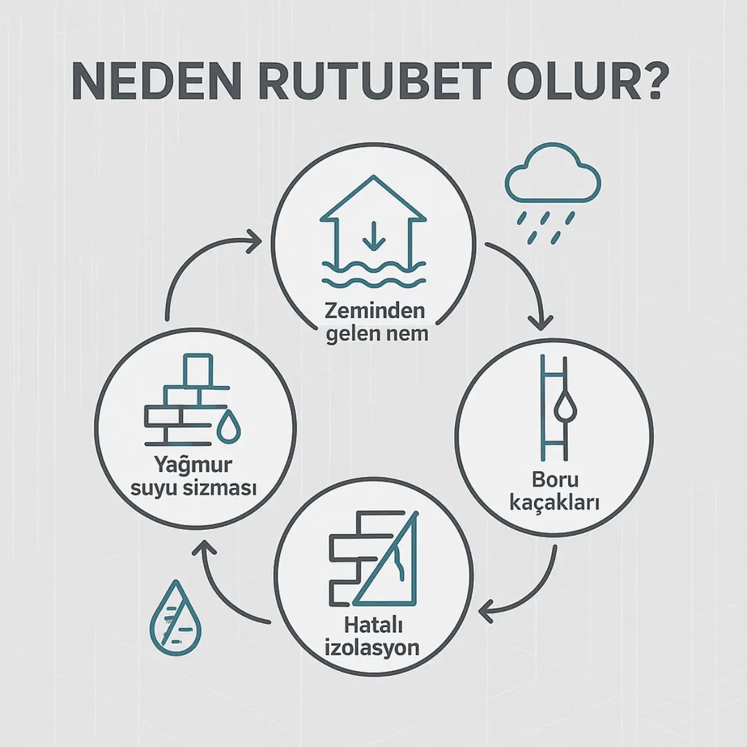 Duvar rutubeti neden olur – nem, sızıntı, yoğuşma ve hatalı izolasyon infografiği – Dek-Mar.