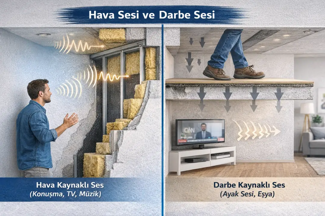 Hava sesi ve darbe sesi farkını gösteren yapı kesiti, duvar ve tavan ses yalıtımı örneği