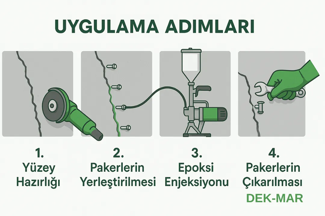 “Epoksi enjeksiyon uygulama adımları infografiği – yüzey hazırlığı, paker yerleşimi, enjeksiyon ve söküm aşamaları – Dek-Mar 2025” 