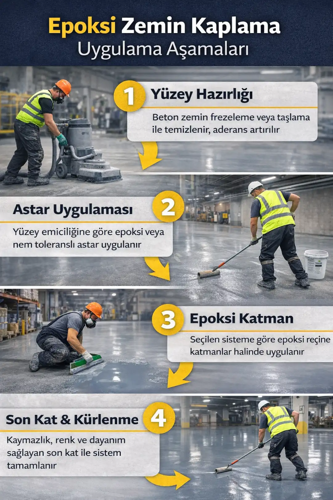Epoksi zemin kaplama uygulama aşamaları; yüzey hazırlığı, astar, epoksi katman ve son kat
