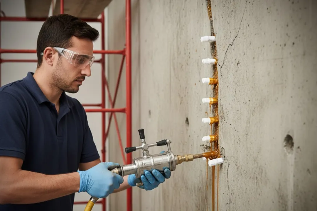 Beton çatlağına epoksi enjeksiyon uygulaması – pakerler, pompa ve usta çalışması – Dek-Mar uygulama sahnesi 2025