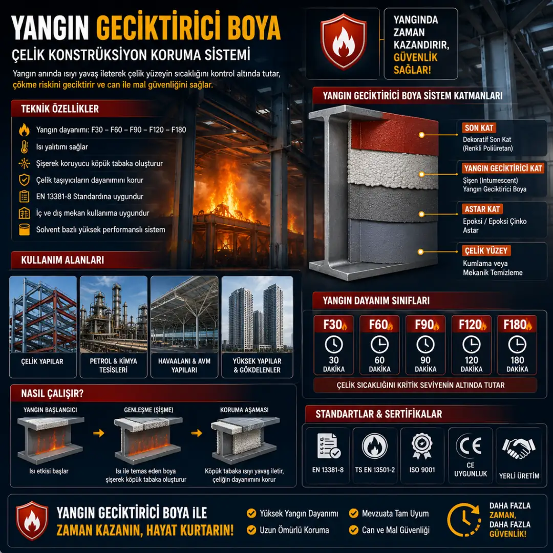 Yangın geciktirici boya çelik konstrüksiyon koruma sistemi F30 F60 ve F90 dayanım sınıfları&nbsp;