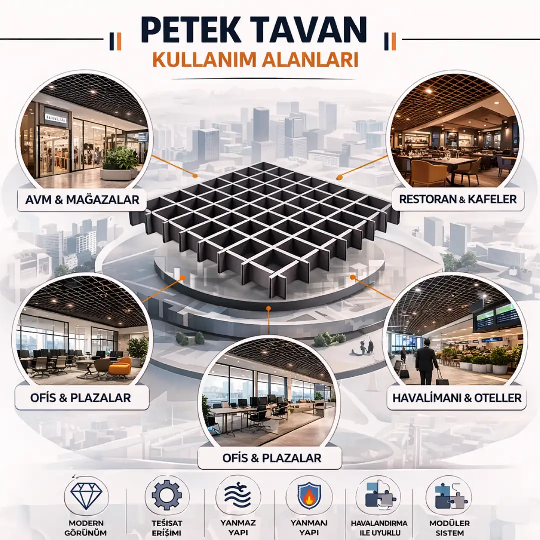 Petek tavan sistemlerinin AVM, ofis ve restoran gibi kullanım alanlarını gösteren görsel&nbsp;