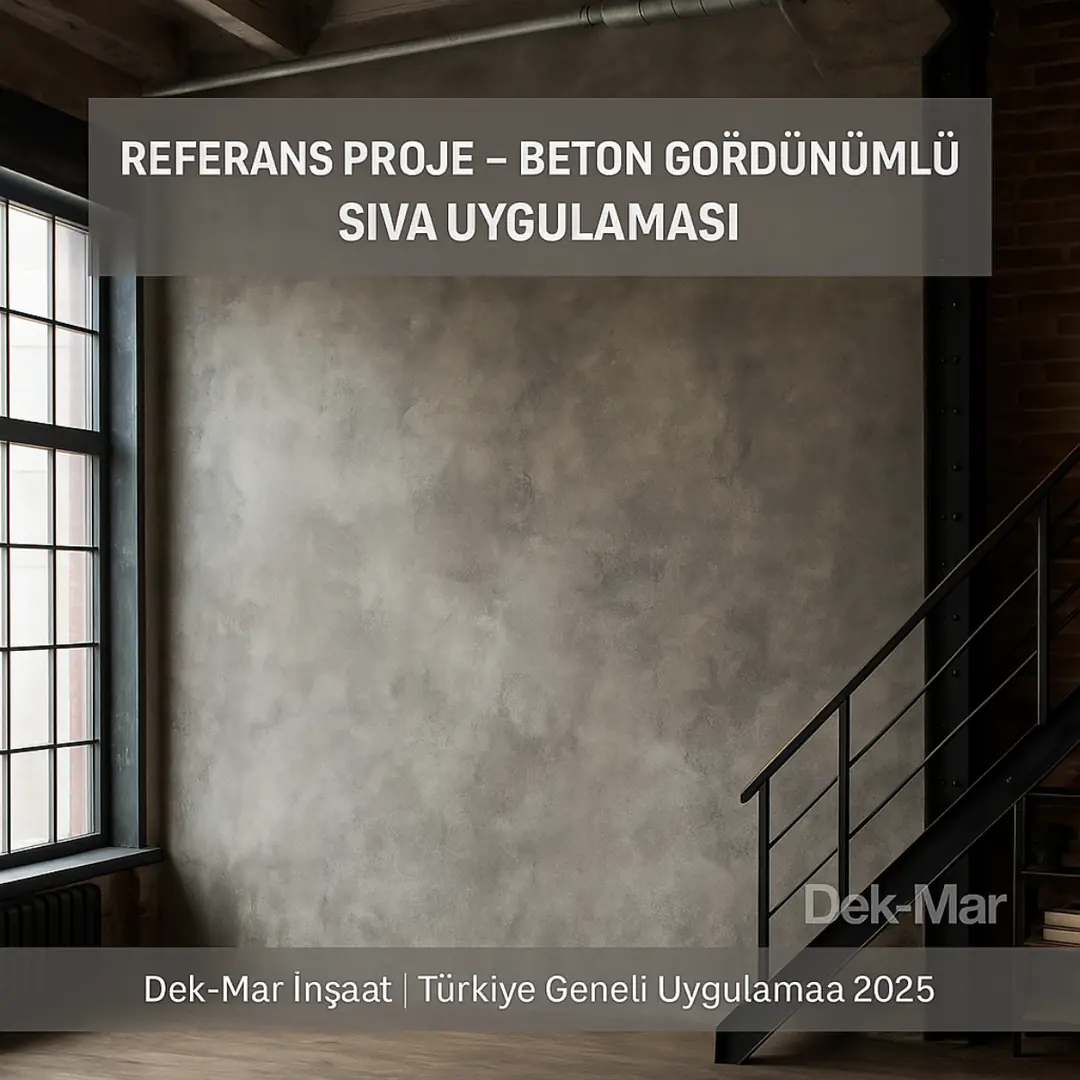 Dek-Mar İnşaat referans projesi – beton görünümlü dekoratif sıva uygulaması 2025 – endüstriyel cephe ve iç mekan örneği
