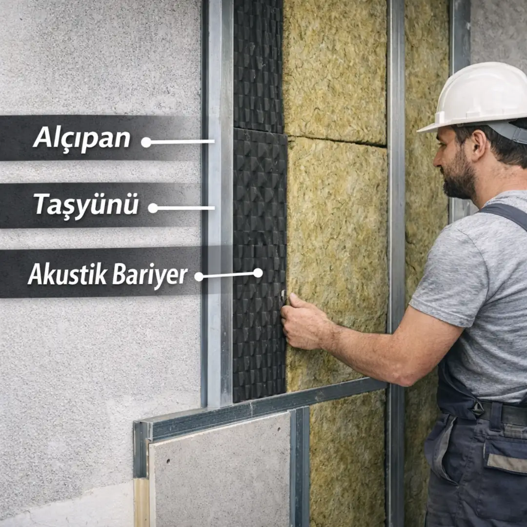 Ses yalıtımı duvar katmanları taşyünü alçıpan ve akustik bariyer sistem detayları ile profesyonel ses kesme çözümü&nbsp;