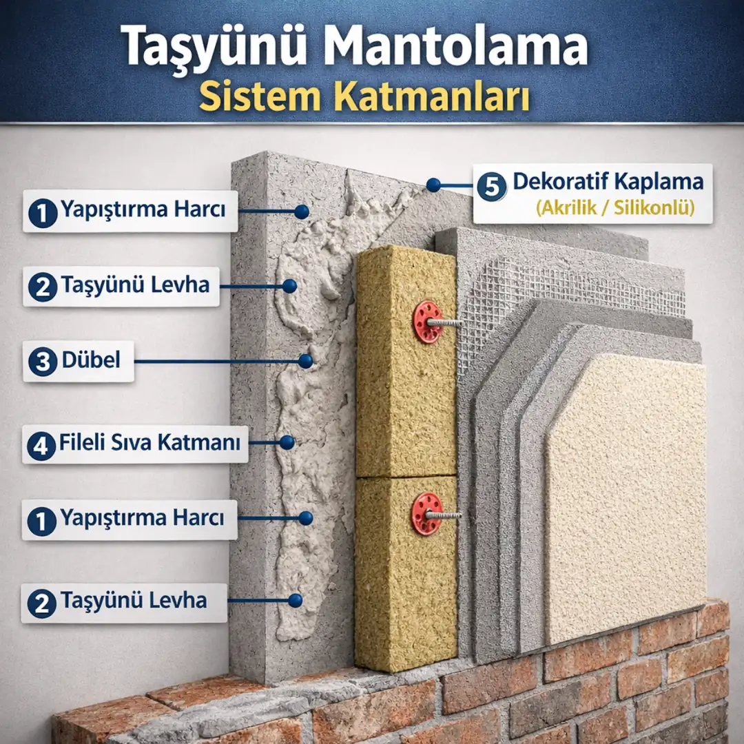 taşyünü mantolama sistem katmanları dış cephe yalıtım şeması
