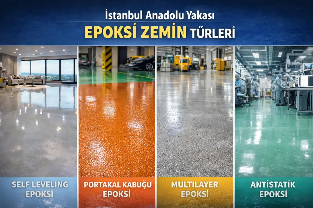 İstanbul Anadolu Yakası epoksi zemin türleri karşılaştırması; self leveling, portakal kabuğu, multilayer ve antistatik epoksi kaplamalar.&nbsp;