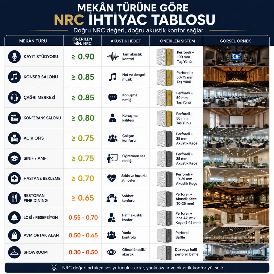 Mekân türüne göre önerilen akustik NRC değerleri tablosu&nbsp;