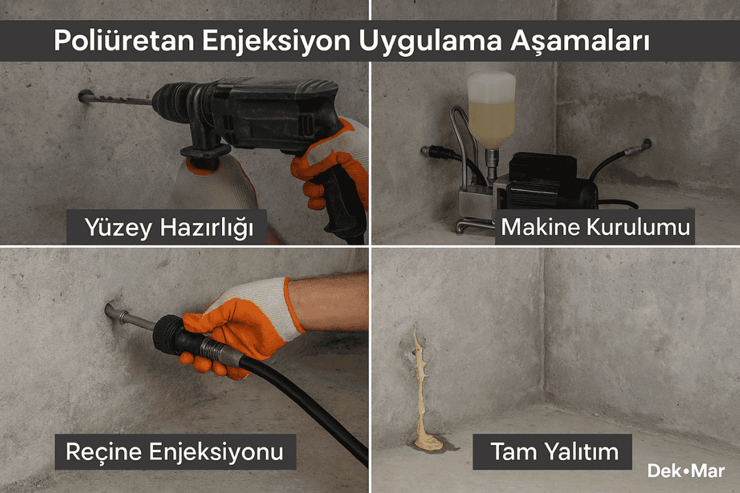 Poliüretan enjeksiyon uygulama aşamaları: yüzey hazırlığı, makine kurulumu, reçine enjeksiyonu ve tamamlanmış su yalıtımı. 