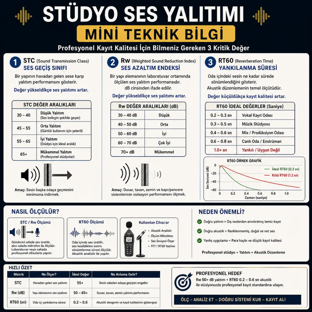 Stüdyo ses yalıtımı teknik bilgiler STC Rw değeri RT60 akustik ölçüm açıklaması&nbsp;