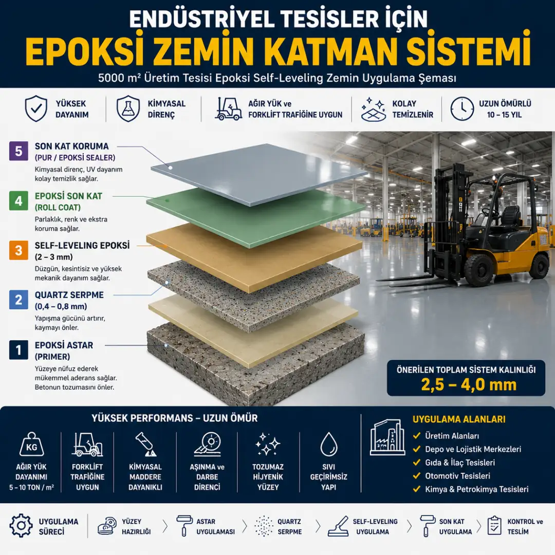 Self leveling epoksi zemin katman sistemi endüstriyel üretim tesisi uygulama şeması&nbsp;