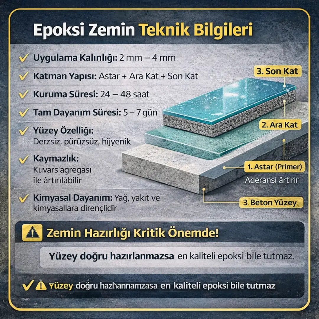 Epoksi zemin kaplama teknik özellikleri kalınlık kuruma süresi dayanım bilgisi&nbsp;